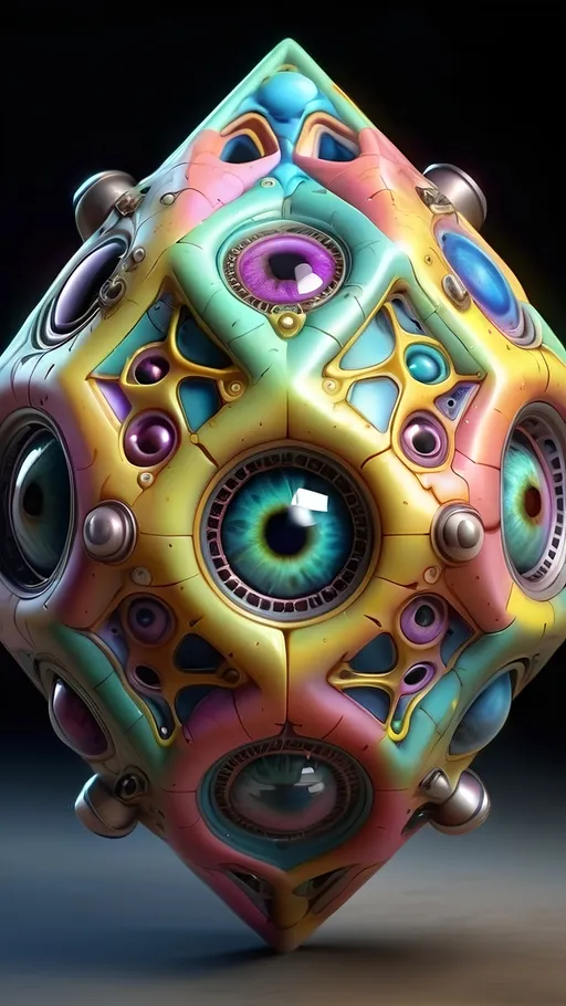 Prompt: A hyperrealistic geometric mechanical yet also biological surreal psychedelic ineffable numinous non-humanoid multidimensional geometric conscious entity,being, creature, alien, extra dimensional, geometric, hypercubes, tesseracts, noneuclidien, lots of crazy psychedelic eyes, extremely highly detailed, looking, observing, gnosis, math, mathematical, fractal, sacred geometry, pastel bright colors, ultra high definition hyperrealism