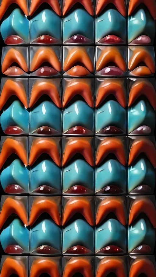 Prompt: Create an extremely hyper-realistic, ultra super textural, weird, trippy, surreal, psychedelic eyes/teeth/mouth pattern/design based on “Sierpiński Hexagon” & “Op Art tiling” with lots of human eyes (crazy colorful compound psychedelic), rows of human teeth, human lips, and tongues. 

- **Colors**: determined by the properties and expressions of the elements (& their isotopes), minerals, and metals: Tantalum (Ta), “Fusarium verticillioides”, Hematite, Crocoite, garnet, Trichroism

**Shapes and forms**
- “Sierpiński Hexagon”
- "Op Art tiling" 
-other shapes determined by the natural properties and expressions of the elements (& their isotopes), minerals, metals, and biological organisms: diatoms, Tantalum (Ta), Hematite, Crocoite, garnet 


- **Textures**: Derived from any/all elements (& their isotopes), minerals, metals, crystals, organic things mentioned in this prompt: Tantalum (Ta), “diatoms”, Hematite, Crocoite, garnet

**Composition and Layout**:
- a pattern/design based on the Op Art tiling & “Sierpiński Hexagon”  

**Lighting**:
- Trichroism


**Detail and Atmosphere**:
- Extreme hyperrealistic sharp high detail high definition organic and mineral textures
- Psychedelic, weird, odd, surreal atmosphere
- Frozen in time

**Additional Elements**:
- extra rows of teeth, lips, many eyes, diatoms, Op Art tiling, “Sierpiński Hexagon” , Aventurescence, Chatoyancy
