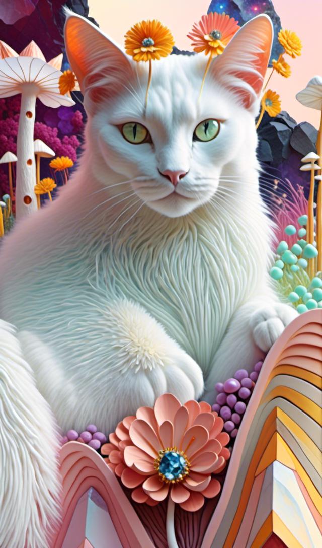 Prompt: <mymodel>White cat princess with flowers and mushrooms, digital painting, pastel colors, fantasy, detailed fur with soft highlights, elegant and regal posture, magical forest setting, high quality, fantasy, digital painting, pastel colors, princess, elegant, detailed fur, magical, regal, flowers, mushrooms, fantasy setting, high quality