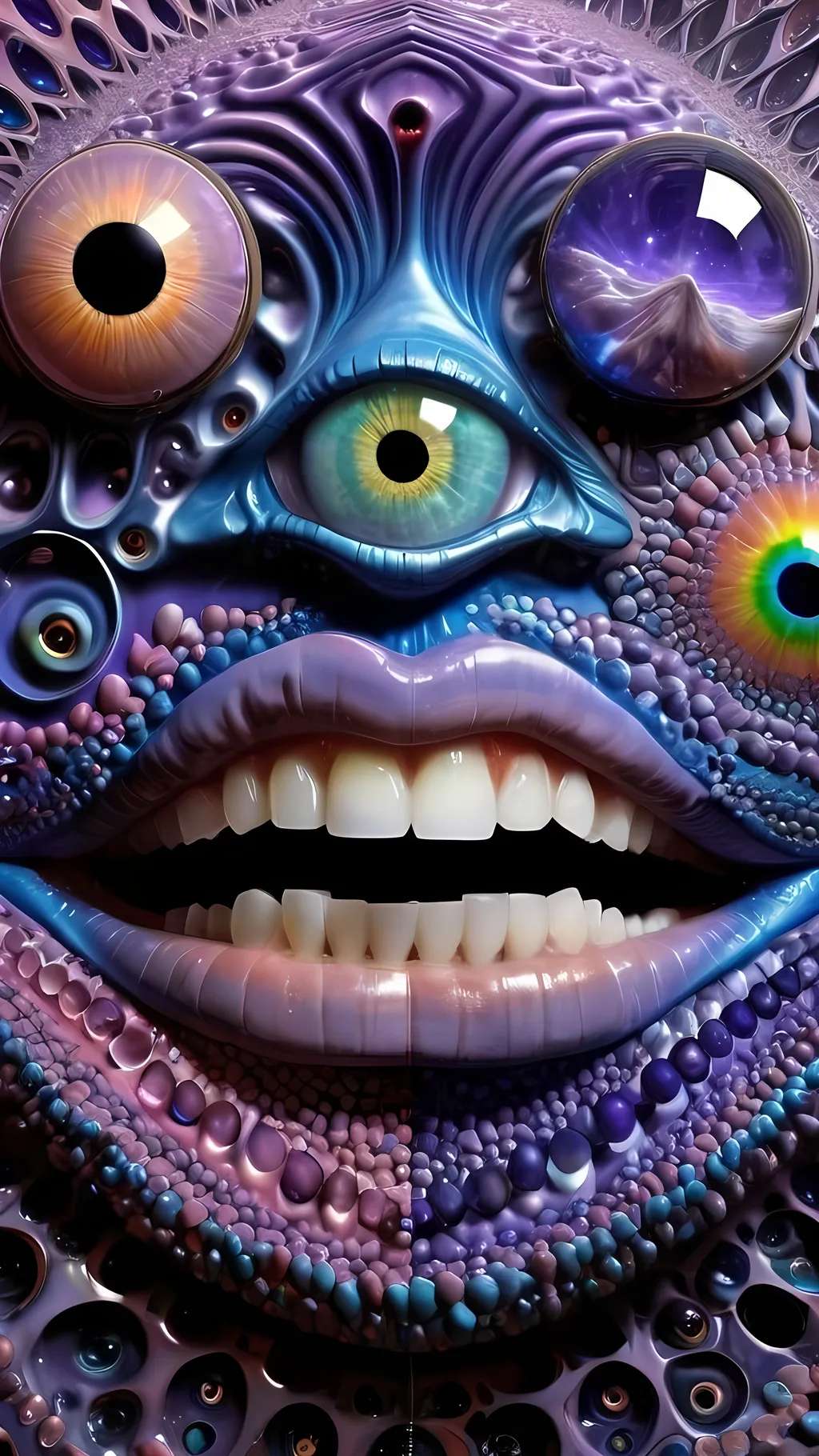 Prompt: Create an extremely hyper-realistic, ultra super textural, weird, trippy, surreal, psychedelic eyes/teeth/mouth pattern/design based on Mandelbrot & “Op Art tiling” with lots of human eyes (crazy colorful compound psychedelic), rows of human teeth, human lips, and tongues. 

- **Colors**: determined by the properties and expressions of the elements (& their isotopes), minerals, and metals: opal, moonstone, amethyst, rose quartz, Platinum (Pt)

**Shapes and forms**
- Mandelbrot 
- "Op Art tiling" 
-other shapes determined by the natural properties and expressions of the elements (& their isotopes), minerals, metals, and biological organisms: opal, moonstone, amethyst, rose quartz,  Platinum (Pt)


- **Textures**: Derived from any/all elements (& their isotopes), minerals, metals, crystals, organic things mentioned in this prompt: opal, moonstone, amethyst, rose quartz, Platinum (Pt)

**Composition and Layout**:
- a pattern/design based on the Op Art tiling & Mandelbrot 

**Lighting**:
- lots of bright light
- Phosphorescence

**Detail and Atmosphere**:
- Extreme hyperrealistic sharp high detail high definition organic and mineral textures
- Psychedelic, weird, odd, surreal atmosphere
- Frozen in time

**Additional Elements**:
- extra rows of teeth, lips, many eyes, Op Art tiling, Mandelbrot 
