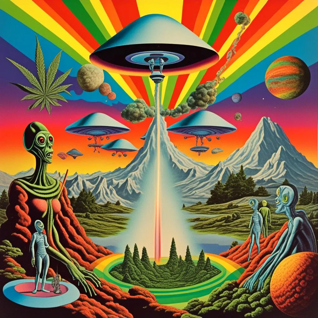 Prompt: A surreal vintage 70s psychedelic sci-fi collage involving- aliens, UFOs, cannabis, marijuana, aliens smoking reefer, aliens smoking weed out of a bong, spliced in with alien surreal landscapes, geometric shapes, optical illusions or trippy psychedelic patterns, planets and starts, rainbow spectrums<mymodel>