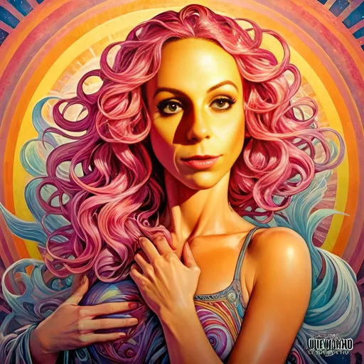 Prompt: a woman with pink hair and a sun above her head, surrounded by swirling waves and a rainbow hued sky, Alex Grey, psychedelic art, psychedelic, poster art