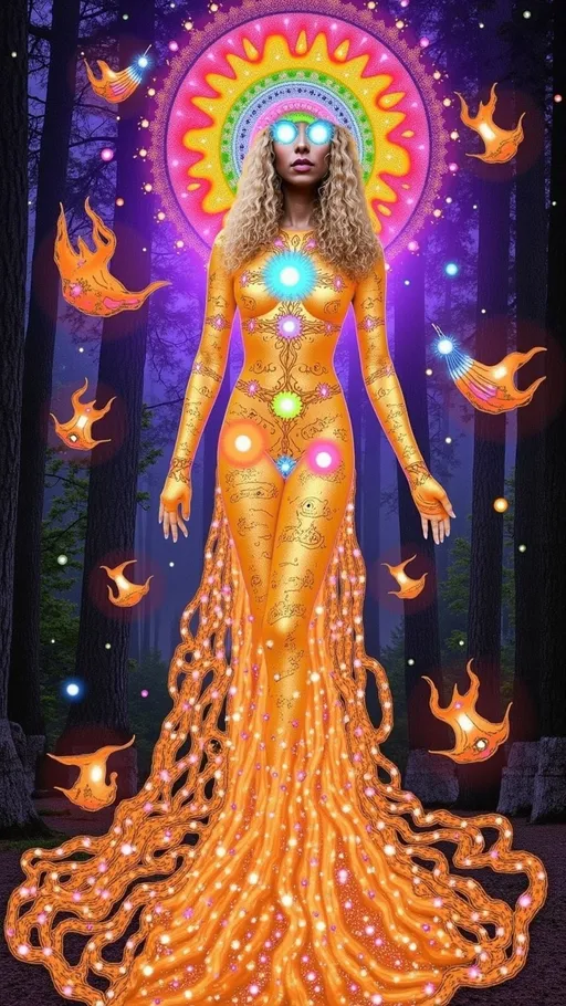 Prompt: An extremely super hyperrealistic ultra high definition super fine textured psychedelic humanoid female. Her long, curly blond hair flows like liquid gold, each strand shimmering with fractal patterns that ripple and morph into glowing geometric designs. The hair appears alive, radiating a warm, golden aura that illuminates her surroundings. Her eyes are vast, hypnotic galaxies, swirling with electric blues, purples, and greens, as though they contain infinite cosmic wisdom.
Her skin is semi-transparent, glowing softly with bioluminescent patterns that resemble sacred geometry—mandalas and fractals that pulse in rhythm with an unseen cosmic heartbeat. Her elongated, graceful limbs end in crystalline fingertips that emanate faint, prismatic light. Around her head, a floating halo of iridescent orbs rotates slowly, each orb reflecting a different dimension or reality.
She wears a garment of pure, shifting light, constantly changing colors in a mesmerizing gradient of neon hues. The fabric flows like water, defying gravity, and seems to respond to her emotions, rippling in waves of vibrant energy. Her entire being exudes a sense of tranquility and transcendence, as though she exists beyond the constraints of time and space.
**Background**: She stands in a psychedelic dreamscape—a forest of towering crystalline trees that refract light into infinite rainbows. The ground beneath her glows softly, covered in moss-like textures that shift colors with every step she takes. The sky above is a swirling aurora of purples, oranges, and pinks, dotted with floating, sentient orbs of light. Ethereal, translucent creatures drift through the air, leaving trails of glittering stardust. The entire scene pulses with harmonious energy, as if responding to her presence, creating a living, breathing symphony of color and light.
