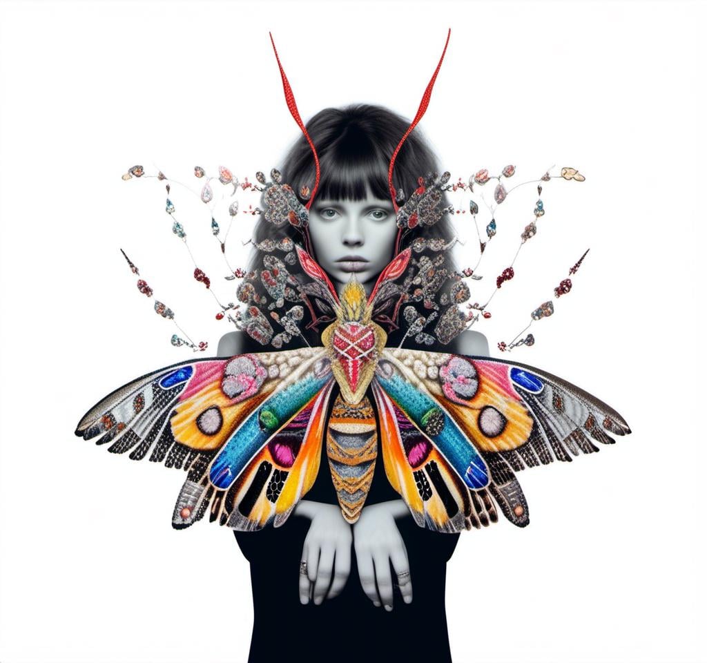 Prompt: a photograph of a woman (color or black and white) with multimedia elements added to create the appearance that she is a beautiful intricate moth, with moth wings and antennae created from paint, paper, photos, glitter, iridescent enamels, nail polish, rhinestones, thread and string, fabric, folded paper etc<mymodel>