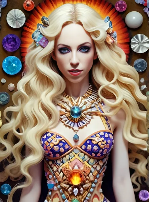 Prompt: <mymodel>ego death, woman long blond curly hair, figurine,  trippy extremely ultra hyperrealistic, high texture high detail psychedelic hallucination created entirely out of Gemstone, gemstones, crystals, crystal, psychedelic, texture, ego death, geometric shapes, fractals made out of gemstones gemstone textures minerals mineral texture banding crystals crystal clusters formations