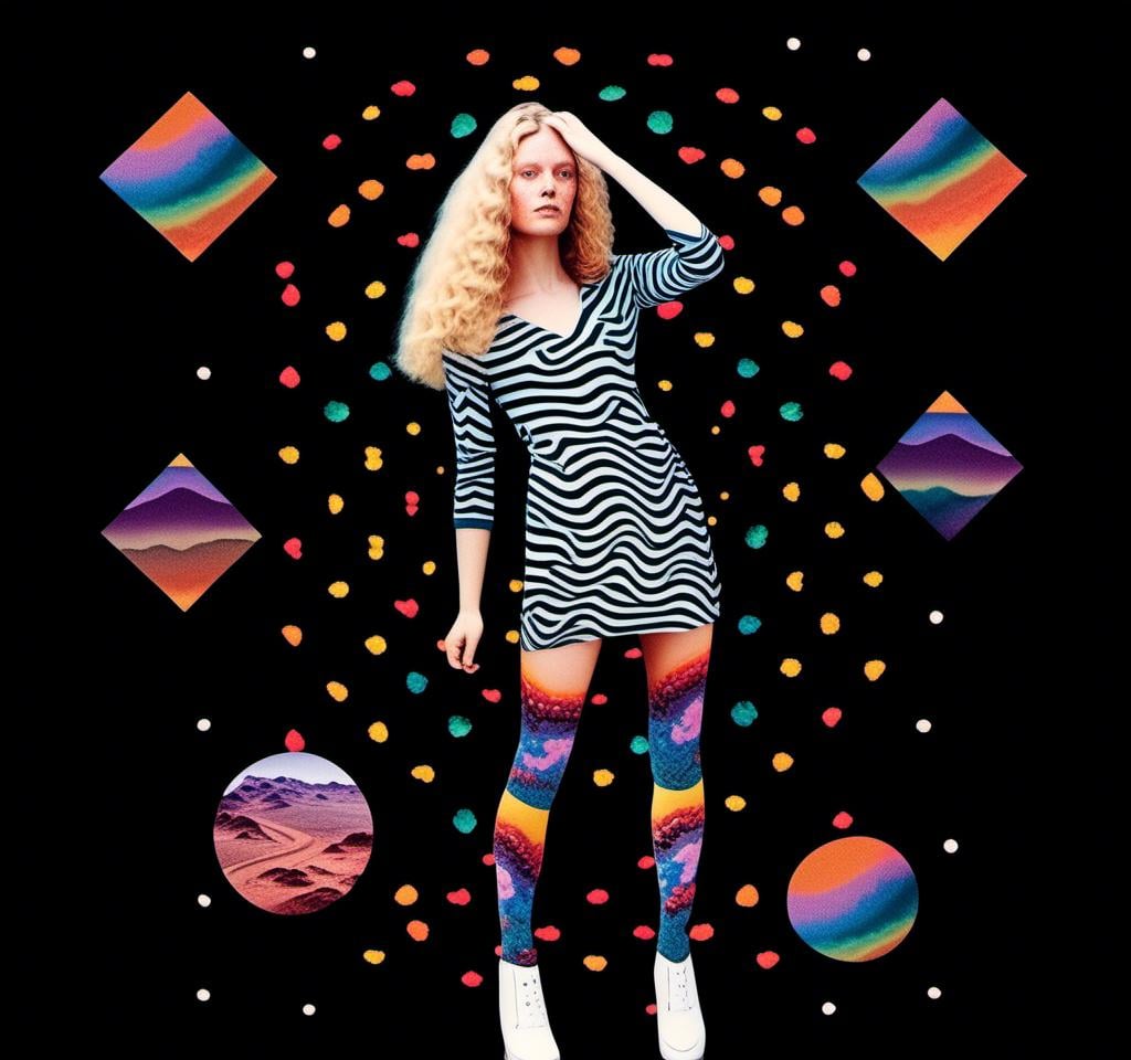 Prompt: A psychedelic collage featuring a photograph of a woman with blond curly long hair. The photo is cut and spliced with other photos - of cats, eyes, body parts, roads, landscapes, trippy optical illusion patterns, pickles, hamburgers, realistic  desert, alien  landscapes, geometric shapes etc in such a way that she has a psychedelic open third eye, in a psychedelic cut and paste collage <mymodel>