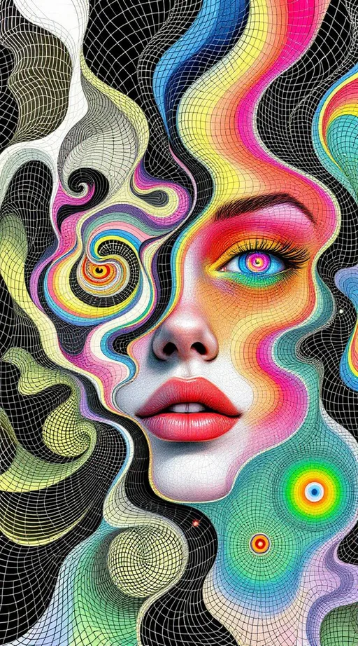 Prompt: A female face unfolds across impossible space—tessellated, recursive, and drawn in thick, uneven ink lines. In the style of La Planète Sauvage, she is not realistic but ritual: a hyper-stylized visage stretched across a non-Euclidean manifold, every contour warped by logic. Her expression is a paradox, hovering somewhere between diagram and myth. Eyes spiral as limit cycles around strange attractor loops, each one inked in tight elliptical bands, orbiting voids rimmed with rainbow halos. Her lips follow curved geodesics—pulled along warped surfaces in matte strokes of spectral pink and solar green. Her cheekbones ripple outward in Hilbert folds, crumpling the page behind her.

The entire face is embedded in a dual lattice: one half the Fractal Memory Field—drawn as nested Penrose tiles in dusty neon—and the other the Chromaflux Constraint Net, painted as hyperbolic grids stitched with glowing braid-knots. These patterns do not sit on her—they become her: nose a focal node of dimensional interference; forehead a Klein-braid of tiling syntax, spiraling in iridescent filament arcs.

Color here does not blend—it diffracts. Harsh rainbow lighting fractures across her skin like broken glass dipped in oil. Auroral ribbons loop through recursive mesh. Every layer of recursion shifts both shape and hue—chromatic torque spirals through Möbius arcs, folding prismatic glyphs into hyperspace along brush-scrawled vector lines.

Her hair dissolves into nested geometry: tessellated ribbons and spectral lattices curl like illustrated smoke, each strand tipped with moiré sparkles and drawn distortions. Her expression flickers with encoded meaning—half-symbol, half-glitch, alive within the folds of Riemann topology.

She is maximalist and spatially unstable. A conscious diagram. A sacred drawing of feedback loops and chroma logic. A face-shaped equation rendered in psychedelic ink.
