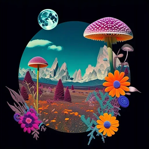 Prompt: A psychedelic collage evoking a vintage 70s sci fi feel but I stead of the sci-fi theme let’s do wildflowers. Photos and art of wildflowers spliced with things like psychedelic patterns/optical illusions, landscapes, geometry, mushrooms/fungus, insects, crystals, gemstones, the sun & moon, etc. Employ a pretty floral color pallet but keep that surreal feel in this natural organic psychedelic collage<mymodel> 