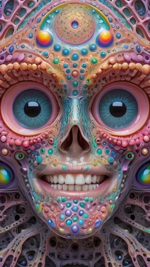 Prompt: an extremely hyper realistic ultra super textural weird trippy surreal psychedelic entity, gosper Curve, apollonian gaskets, catenoids, white, translucent, clear, bright bright feminine pastel colors, oil slick rainbow sheen effect, lots and lots of light, lots of crazy colorful compound psychedelic human eyes, rows of human teeth, fungus, radiolarians,  atoms, diatoms, enneper sufaces, apollonian gaskets, gosper Curve