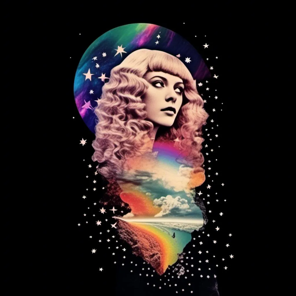 Prompt: A psychedelic collage featuring a photograph of a woman with blond curly long hair. The photo is cut and spliced with other photos and drawings of aliens, UFOs, rainbow spectrums are erupting from places, planets, stars, landscapes, and sparkles set amidst optical illusions of all kinds in geometric shapes giving an otherworldly surreal bizarre ufo alien effect to this psychedelic collage <mymodel>