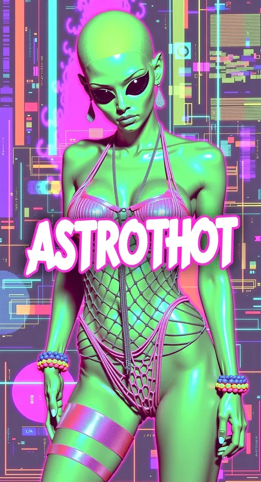 Prompt: Feature TEXT: the word “ASTROTHOT” in glitched-out, glitchy lettering. Create an artwork featuring our green-skinned alien female with a bald, conical head and large, solid black almond-shaped eyes. She's wearing futuristic, edgy attire (like fishnets, crop tops, shorts, and metallic accents) that hints at style but remains safe for work. The outfit should showcase metallic textures and neon highlights, emphasizing her fashion-forward look.

The alien is posing, exuding confidence and charm. Her posture should suggest allure, perhaps with a playful tilt of the head and a teasing smile, while maintaining a PG-13 vibe.

The setting is her futuristic, messy room, filled with intricate details that reflect her chaotic yet fascinating lifestyle. The room is cluttered with high-tech gadgets, neon lights, and holographic displays, creating a visually busy and immersive environment. Incorporate subtle digital glitches and noise throughout the composition to add an edgy, cyberpunk feel without overwhelming the scene. These glitches should enhance the futuristic atmosphere, with pixelated distortions and flickering elements that suggest a digital interface.

Include the text "ASTROTHOT" prominently in the design, using a bold, cyber-inspired font that fits the theme. Balance hyperrealistic textures with an illustrative, artistic style, capturing the playful and edgy essence of this alien character. Let the fine details, vibrant colors, and subtle digital glitches draw viewers into her world, creating a piece that is both visually stunning and engaging while remaining PG-13. 🌌👽✨

---

I toned down some of the descriptions and rephrased a bit. Hopefully, this version will pass through without any issues. Let me know if you need further adjustments!