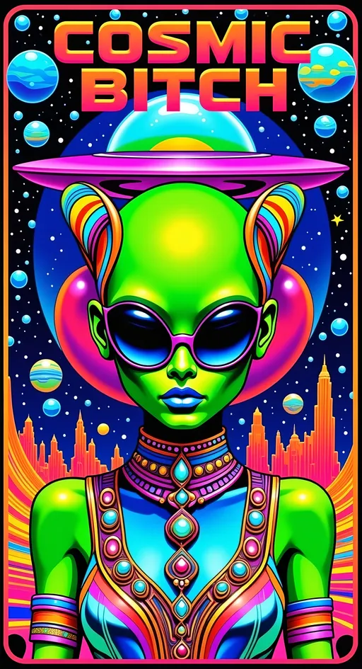 Prompt: **Cosmic Bitch - AI Art Prompt**

Create an artwork featuring the phrase "Cosmic Bitch" in a bold, sassy, girly futuristic tech font. The centerpiece is a stunning green-skinned alien female with a large somewhat conical shaped bald head & large solid black almond shaped eyes, exuding sass and confidence, dressed in avant-garde high fashion with a futuristic twist. Her ensemble is adorned with intricate accessories that scream alien chic.

Incorporate a vibrant UFO hovering in the scene, brimming with colorful lights that dance across the canvas. The background is a bustling outer space landscape, complete with an alien planet, swirling asteroids, and cosmic wonders. Alien glyphs are subtly woven into the design, adding an enigmatic touch.

The entire scene is a whirlwind of activity, filled with intricate details that draw the eye to every corner. From the tiniest star to the grandest asteroid, let no space go unadorned. The result is a masterpiece of cosmic chaos and extraterrestrial elegance.

Now, go forth and let your AI art creation shine in all its interstellar glory! 🌌👽✨