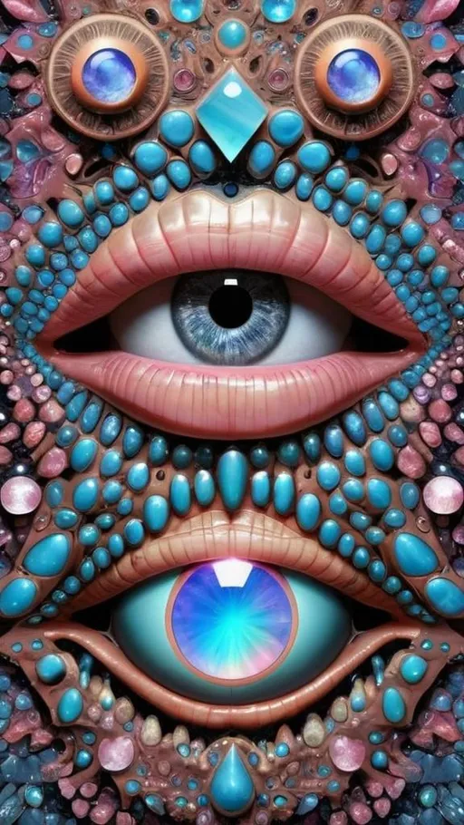 Prompt: Create an extremely hyper-realistic, ultra super textural, weird, trippy, surreal, psychedelic eyes/teeth/mouth pattern/design based on Mandelbrot & “Op Art tiling” with lots of human eyes (crazy colorful compound psychedelic), rows of human teeth, human lips, and tongues. 

- **Colors**: determined by the properties and expressions of the elements (& their isotopes), minerals, and metals: opal, moonstone, Kunzite, selenite, rose quartz, Platinum (Pt)

**Shapes and forms**
- Mandelbrot 
- "Op Art tiling" 
-other shapes determined by the natural properties and expressions of the elements (& their isotopes), minerals, metals, and biological organisms: opal, moonstone, Kunzite, selenite, rose quartz,  Platinum (Pt)


- **Textures**: Derived from any/all elements (& their isotopes), minerals, metals, crystals, organic things mentioned in this prompt: opal, moonstone, Kunzite, selenite, rose quartz, Platinum (Pt)

**Composition and Layout**:
- a pattern/design based on the Op Art tiling & Mandelbrot 

**Lighting**:
- lots of bright light
- Iridescence
- Aventurescence
- Chatoyancy
- Asterism

**Detail and Atmosphere**:
- Extreme hyperrealistic sharp high detail high definition organic and mineral textures
- Psychedelic, weird, odd, surreal atmosphere
- Frozen in time

**Additional Elements**:
- extra rows of teeth, lips, many eyes, Op Art tiling, Mandelbrot, Iridescence
