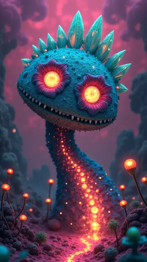 Prompt: Imagine an extraordinary, surreal entity thriving in a whimsical landscape painted in vibrant neon hues—think electric pinks, acid greens, and deep purples. This entity has a face resembling a swirling nebula, with eyes that are kaleidoscopic whirlpools, each reflecting a riot of colors and patterns that seem to pulse with energy. Its mouth is adorned with jagged, crystalline teeth, each one a unique geometric shape radiating iridescent light. The skin of the entity features a mesmerizing mosaic of tessellated patterns in contrasting colors, creating a dynamic visual tapestry that shifts as it moves.

Surrounding the entity is a halo of glowing, bioluminescent orbs that float like playful fireflies, their colors shifting from electric blue to fluorescent orange. Interspersed among these orbs are vibrant fractals that spiral and twist, adding an element of chaotic beauty. The ground is a fantastical terrain of swirling, molten colors resembling a psychedelic lava flow, dotted with luminous fungi that emit an otherworldly glow.

Natural elements include spiraling vines of bright turquoise and shocking yellow, intertwining with the entity, while fantastical flowers bloom in outrageous shapes and colors, their petals shimmering like holograms. Above, the sky is a swirling canvas of ultraviolet clouds, interspersed with twinkling stars that pulse in rhythm with the entity’s heartbeat.

This whimsical scene invites the viewer to plunge into a world where color and form defy the ordinary, celebrating the bizarre and the beautiful in a kaleidoscopic dance of imagination.