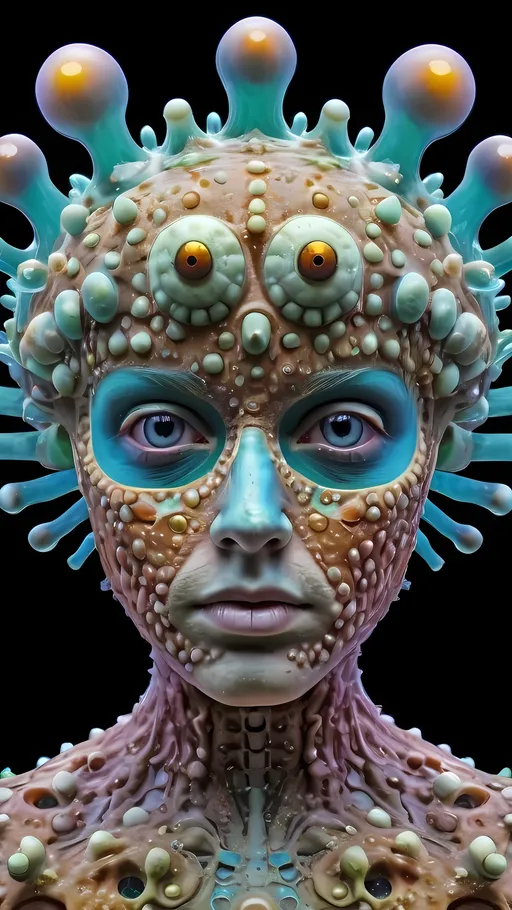 Prompt: Extremely hyperrealistic ultra textural trippy surreal beautiful but odd unsettling psychedelic creature- a psychedelic diatomaceous creature entity queen crown with lots of crazy psychedelic human compound eyes, rows upon rows of human teeth.  head, face, body, limbs, fungus, Mandelbrot, oil slick rainbow sheen effect, holographic, hologram, translucent, vivid colors white, tons and tons of light, bright pastel colors, Gyroid Structures. Diatoms: bacillariophyta, siliceous, valves, girdle bands, raphe, striae, puncta, areolae, costae, rimoportula, fultoportula, chloroplasts, auxospore, epitheca, hypotheca, mucilage, frustule symmetry, valve morphology, pennate diatoms, centric diatoms, motile, non-motile, biofilm, epiphytic, epilithic, epipsammic, biogenic silica, diatomaceous earth, primary producers, carbon fixation, biogeochemical cycles, diatom blooms, paleoecology, nanostructures, microalgae, environmental indicators, aquatic ecosystems. geometric, symmetrical, radial, bilateral, elongated, circular, triangular, oval, star-shaped, pennate, centric, intricate, lattice-like, perforated, silica, frustules, ornate, microscopic, diverse, varied, delicate, transparent, golden-brown, pillbox-shaped, chain-forming, solitary, colonial, planktonic, benthic,