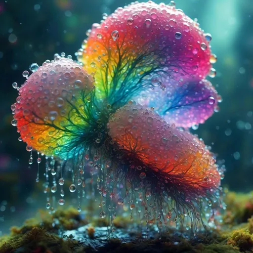 Prompt: <mymodel> an extremely hyperrealistic ultra textural life-infused, living breathing rainbow creature, a living creature made of water droplets and bent rainbow light/spectrums, with white puffy clouds, droplets of water, rain, mist, lots of light, prism reflections, spectrum creature, , extreme organic & mineral textures