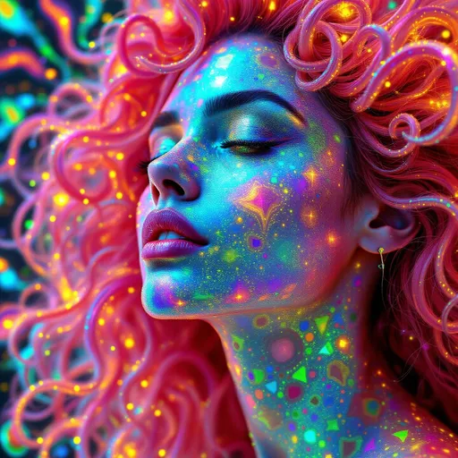 Prompt: She radiates joyful recursion—her face aglow with Newton fractal basin webs, each iridescent patch a rainbow logic map flickering with emotion. Cheekbones prism into crystal lattices—thought-nodes sparkle like math gems, pulsing with cognitive harmony. Every blink sends spectral ripples across skin; laughter folds into light. Her hair—a wild, living storm of long pink curls—burns in fractal flame trails, each strand trailing neon fire that morphs in chaotic colorbursts. The curls twist in self-affine defiance, scaling and warping across invisible axes—no symmetry, just vibrant mathplay. Her whole head is an attractor bloom: color feedback, glitch flickers, and dreamcode shimmer. Holographic math sigils orbit her like joyful satellites, reacting to her giggle-fields. She is a lightfield girl, glitch-goddess of fractal joy and radiant chaos.”
—
 Visual Keywords:
Rainbow Newton fractals, crystal lattice cheekbones, pink fractal flame curls, self-affine chaos hair, math sigils, joyful glitch aura, neon colorburst, recursive laughter light, holographic emotion field