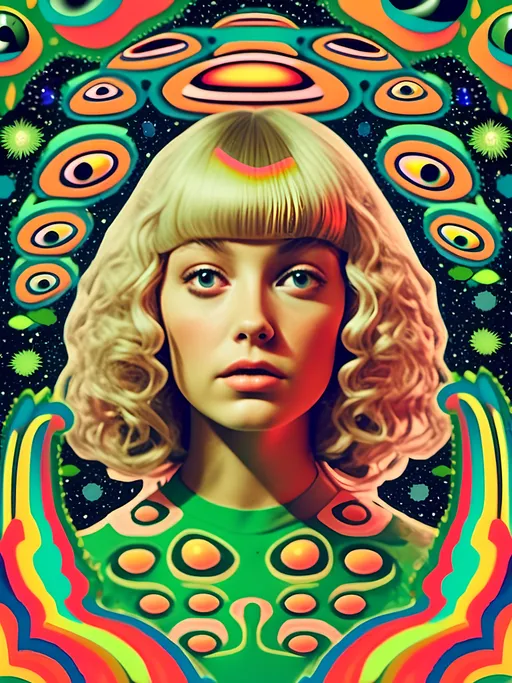 Prompt: A trippy vintage 70s psychedelic sci-fi analog cut and paste collage of a girl with long blond curly hair and UFOs, aliens, extraterrestrial little green men, alien grey, optical illusions/psychedelic patterns/alien A trippy vintage 70s psychedelic sci-fi analog cut and paste collage of a girl with long blond curly hair and UFOs, aliens, extraterrestrial little green men, alien grey, optical illusions/psychedelic patterns/alien <mymodel>psychedelic landscapes,space scenes, asteroids, ufo, greet, orange, hot pink, black, white