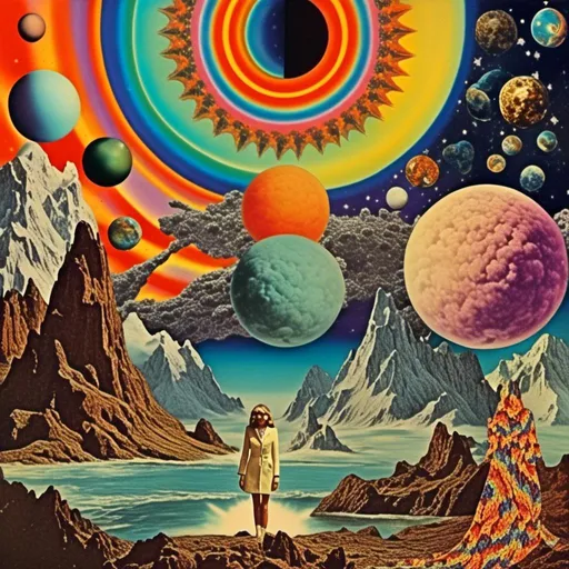 Prompt: A vintage 70s psychedelic collage with the theme “astral vacation”- incorporate themes of astral projection, the astral plane, the silver cord, use an astral brilliantly but sometimes muted opalescent color palette, & combine it all with planets, orbs, optical illusions and psychedelic trippy patterns, color spectrums as a surreal vintage psychedelic collage<mymodel>