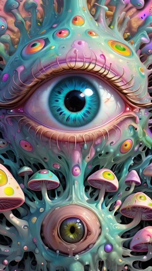 Prompt: Psychedelic, alien psychedelic eyes, weird, surreal, bizarre, ineffable, entity, numinous, lots of crazy weird inhuman psychedelic trippy eyes, melting, trippy, reality breaking down, hallucinations, drippy, dissolutionment, blobs,atoms, electrons, mushrooms, fractals, multidimensional, oozing, hyper cubes, geometry, fractals, third eye, big eyes, small eyes, crazy pupils, pastel colors,psychedelic hyper realism, ultra high resolution, surreal, digital art, intense lighting, bright pastel hues, abstract, confusing, looking at you, ultra detailed textures