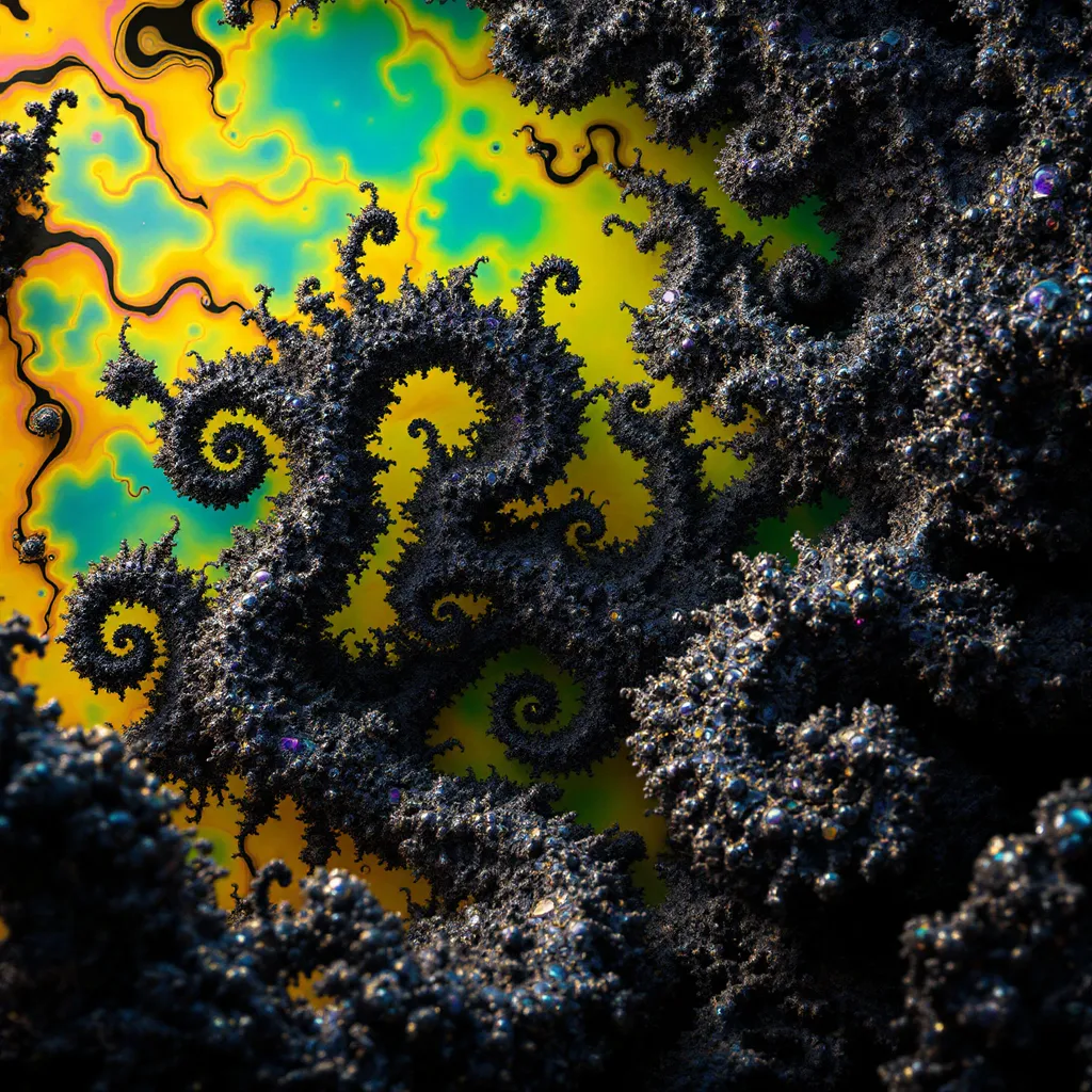 Prompt: Render the word “merrypranxter” as an organic, grown structure formed entirely from chaotic mathematics and alien biology. Each letter should be a unique, asymmetrical lifeform—bulbous, twisted, and textured like wet bark or bioluminescent coral. The surface of the letters is glossy and fluid, with swirling iridescent colors: deep violet, oil-slick magenta, electric cyan, acid green, and hints of molten gold. From the edges of each glyph, thin black fractal tendrils sprout like neural roots or lightning veins, stretching outward into space. These tendrils should feel alive, twitching or slowly shifting, as if sensing their environment.

The background is a high-contrast fractal landscape made from Mandelbrot or Julia sets, with sharp-edged recursive patterns in bold, clashing zones of color—neon teal, hot pink, black, yellow, and turquoise—emitting a glowing synthetic light. The letters do not sit on the surface but appear to have erupted from it, fused at the roots, like parasitic growths from the math fabric of space. The entire word should shimmer with inner energy, not static but subtly moving—alive with chaos, logic, and strange light. No typographic forms—these letters are creatures, born from pure fractal geometry and chaos math.