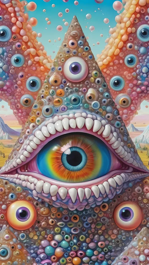 Prompt: an extremely hyper realistic ultra super textural weird trippy surreal psychedelic entity, gyroid structures, Pascal's Triangle, white, translucent, clear, bright bright pastel colors, oil slick rainbow sheen effect, lots and lots of light, lots of crazy colorful compound psychedelic human eyes, rows of human teeth, fungus, atoms, diatoms, gyroid structures, Pascal's Triangle