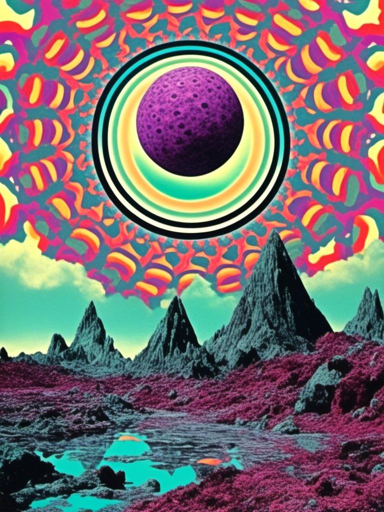 Prompt: <mymodel> A weird trippy surreal vintage psychedelic collage, (ONLY COLORS- cool colors only- purples, black & white- teals/purple-blue/seafoam green, light teal)  cut and paste, optical illusions, psychedelic patterns, alien  landscapes, eyes!!! , UFOs, strange creatures, magic mushrooms, planets/asteroids/space, cats, cheeseburgers, tacos, aliens, weird surreal trippy