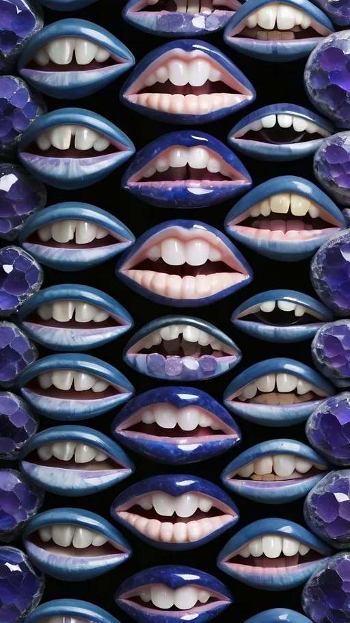 Prompt: Create an extremely hyper-realistic, ultra super textural, weird, trippy, surreal, psychedelic eyes/teeth/mouth pattern/design based on “Hemitrichia serpula” & “op art tiling” with lots of human eyes (crazy colorful compound psychedelic), rows of human teeth, human lips, and tongues. 

- **Colors**: determined by the natural properties and expressions of the elements (& their isotopes), raw rough minerals, and metals: Nickel (Ni), Tanzanite, Feldspar, Pectolite, Lazurite,  Indicolite, “Hemitrichia serpula”

**Shapes and forms**
- “Hemitrichia serpula”
-other shapes determined by the natural properties and expressions of the elements (& their isotopes), raw rough minerals, metals, and biological organisms: Fluorite, Nickel (Ni), Tanzanite, Feldspar, Pectolite, Lazurite, Indicolite

- **Textures**: Derived from any/all elements (& their isotopes), minerals, metals, crystals, organic things mentioned in this prompt: “Hemitrichia serpula”, Fluorite, Nickel (Ni), Tanzanite, Feldspar, Pectolite, Lazurite, Indicolite

**Composition and Layout**:
- a pattern/design based on the “Hemitrichia serpula”

**Lighting**
- lots and lots of bright shining reflective light


**Detail and Atmosphere**:
- Extreme hyperrealistic sharp high detail high definition organic and mineral textures
- Psychedelic, weird, odd, surreal atmosphere
- Frozen in time

**Additional Elements**:
- extra rows of teeth, lips, many eyes, “Hemitrichia serpula”, Aventurescence, Chatoyancy
