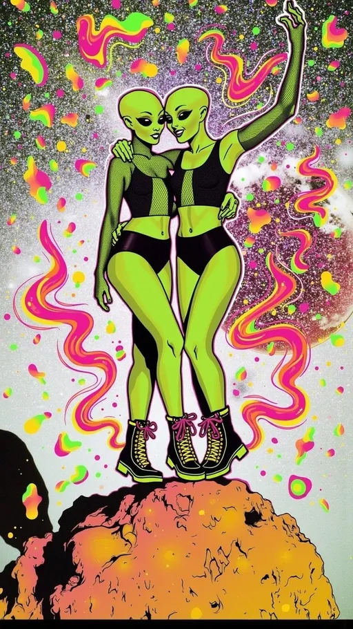 Prompt: Create an image of two female aliens, each with green skin, conical shaped bald heads, and large solid black almond shaped eyes, playfully side hugging on a rugged asteroid in space. Both are dressed in tight, shimmering crop tops with fishnet sleeves and short shorts, exuding a fun and carefree vibe. One alien is wearing knee-high boots with metallic accents, while the other sports ankle boots with bright neon laces. Their arms are wrapped around each other, and they are laughing, showcasing their playful friendship. The cosmic background is filled with stars and distant galaxies, but the entire scene is infused with digital chaos. Glitches ripple across the image, with pixelated distortions and colorful digital noise creating a dynamic, otherworldly atmosphere. The asteroid and their forms seem to flicker and shift, as if caught in a digital transmission error.