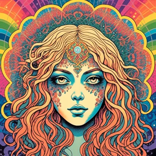 Prompt: <mymodel>Psychedelic illustration of a girl with long blond curly hair, third eye with rainbow aura, chakras, crystals, sacred geometry, fractals, detailed and vibrant, highres, psychedelic, mystical, colorful, detailed hair, open third eye, vibrant colors, sacred symbols, detailed crystals, surreal lighting