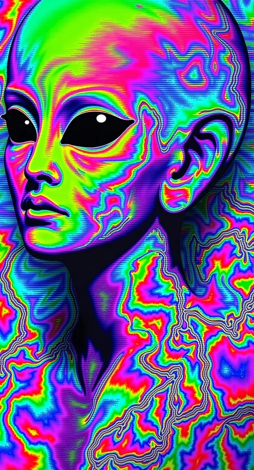 Prompt: Let's dive into the abstract with this concept:

**Nebulous Reverie - AI Art Prompt**

Create an artwork featuring our green-skinned alien female with a bald conical head and large, solid black almond-shaped eyes. She's immersed in a nebulous reverie, an abstract and dreamlike space where form and color flow freely.

The environment is a swirling sea of abstract shapes and colors, with no distinct ground or sky. It's a realm where everything is in constant flux, shifting and morphing with fluid grace. Think of a cosmic dance of colors and patterns, with no clear boundaries or definitions.

Our alien girl is at the center of this abstract universe, her form partially blending with the surroundings. Her pose is serene and contemplative, as if she's meditating amidst the chaos. Her attire is an extension of the environment, with patterns and hues that echo the swirling colors around her.

Incorporate digital glitches and distortions throughout the composition, creating a sense of movement and transformation. These glitches should be subtle yet pervasive, adding layers of complexity to the scene without overwhelming it.

Use a mix of fractal patterns, flowing lines, and vibrant color gradients to build the abstract landscape. The focus should be on creating a sense of harmony and balance amidst the apparent chaos, inviting viewers to lose themselves in this dreamlike world.

Balance hyperrealistic textures with an illustrative, artistic style, capturing the ethereal and abstract essence of this nebulous reverie. Let the fine details and vibrant colors transport viewers into a state of contemplation and wonder. 🌌🎨✨

Let this prompt inspire a piece that's as abstract and mesmerizing as it is visually stunning!