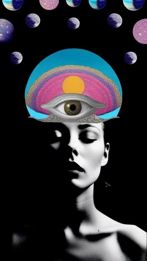 Prompt: <mymodel>Psychedelic collage of a woman, spliced and edited with psychedelic planets, cats, and UFOs, a psychedelic open third eye, pickles, photos of mushrooms of all kinds and colors, trippy optical patterns, incorporating paint, enamel, and found objects, black and white optical illusions, high quality, surreal, vibrant colors, trippy, psychedelic, detailed collage, cosmic theme, colorful lighting surreal collage