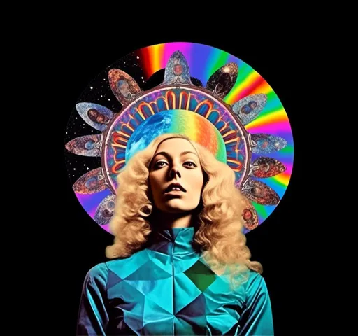 Prompt: A psychedelic collage featuring a photograph of a woman with blond curly long hair. The photo is cut and spliced with other photos and drawings of aliens, UFOs, rainbow spectrums are erupting from places, planets, stars, landscapes, and sparkles set amidst optical illusions of all kinds in geometric shapes giving an otherworldly surreal bizarre ufo alien effect to this psychedelic collage <mymodel>