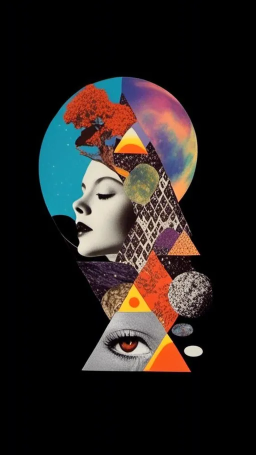 Prompt: <mymodel>Psychedelic collage of a woman, spliced and edited with psychedelic planets, cats, and UFOs, a psychedelic open third eye, pickles, photos of mushrooms of all kinds and colors, trippy optical patterns, incorporating paint, enamel, and found objects, black and white optical illusions, high quality, surreal, vibrant colors, trippy, psychedelic, detailed collage, cosmic theme, colorful lighting surreal collage