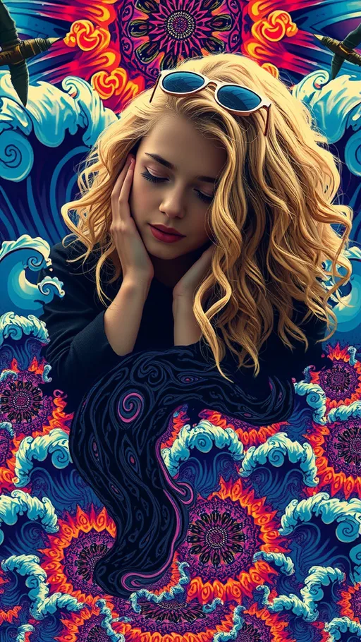 Prompt: A psychedelic ego death experience. A girl with long blond curly hair on psychedelics hallucinating herself being sucked into an infinite swirling angry chaotic roiling ocean of pure fractals. She melts, and becomes one with the ocean, becoming fractals herself and experiencing being one with everything in the universe, seeing it all from every point of view, before forming into human again over and over 