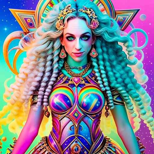 Prompt:  
"A radiant astral harlequinade jester with long wild curly hair dressed in avant-garde, iridescent clothing and accessories made entirely of sparkling light and fractals. The figure is glowing with cosmic energy, wearing an elaborate outfit that defies earthly fashion: flowing, asymmetrical designs with sharp angles and soft curves, crafted from swirling, colorful fractal patterns and shimmering, translucent light. The clothing features intricate details of kaleidoscopic geometry, glowing opalescent textures, and holographic accents that pulse with energy. Accessories include a bold, fractal crown or headpiece that radiates celestial light, statement earrings made of cascading star-like particles, and layered bracelets that refract into infinite rainbows. The overall vibe is futuristic, surreal, and unapologetically avant-garde, blending elements of high fashion with psychedelic aesthetics. The background is a glowing astral plane with swirling nebulas, fractal clouds, and sparkling cosmic dust, enhancing the ethereal and otherworldly vibe."
