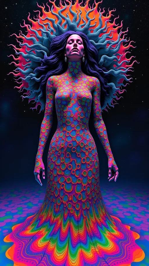 Prompt: A beautiful female psychedelic astral entity emerging from the quantum sea of superposition, her form shifting like a living rhombic dodecahedron — crystalline, sacred, and multidimensional. Her body is a fractal tapestry of Penrose tiling and hyperbolic geometry, with skin like black opal laced with glittering antimatter veins. Her eyes are spinning vortexes of entangled waveforms and jewel-toned strange attractors. Hair cascades in Möbius strip ribbons that refract iridescent light like a diffraction halo.

Her chest is modestly veiled in a sculpted top of bio-luminescent mycelium lace, shimmering with chromatic spores that pulse in sync with her breath — a living garment grown from fungal intelligence and encoded crystal memory. The mycelial weave glows in soul-spectrum tones: deep black, ultraviolet teal, magenta-glitter, spectral white, and chromatic gold. The rest of her attire is woven from quantum silk, trailing in shifting tessellated patterns that ripple like holographic equations.

Her aura distorts space around her, sending out mushroom-like ripple glows of McKenna-esque language fractals and glitch-stained Mandelbrot spirals. Patterns move across her like cellular automata dancing across a lattice of bismuth crystal logic. She stands against a galactic backdrop of tessellated starfields and tiling hexagonal auroras — a cosmic emissary encoded with the logic of the Mushroom. Ultra 34k hyperrealistic rendering, surreal alien elegance, dreamlike terror-beauty, unsettling harmony, fractal femininity in bloom.”