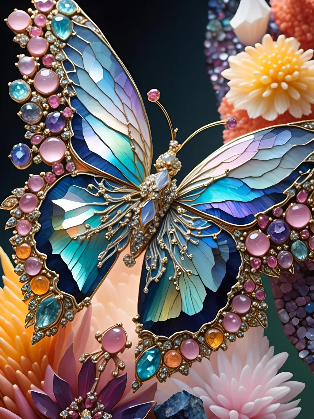 Prompt: <mymodel>Fairies crafted from gemstones, sparkling and ethereal, magical aura, high quality, detailed, fantasy, jewel-like textures, radiant glow, surreal, enchanting, pastel tones, soft and luminous lighting, ultra-detailed, mystical beings, shimmering wings, intricate design, whimsical, dreamlike