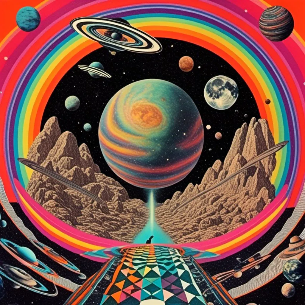 Prompt: a psychedelic collage with a vintage 70s sci-fi animation feel to it except the subject matter will be CATS IN SPACE! The collage will have elements of photography, illustration, trippy patterns and optical illusions, alien landscapes, strange trippy planets, UFOs,, meteors, all cut and spliced together in a psychedelic collage style <mymodel>