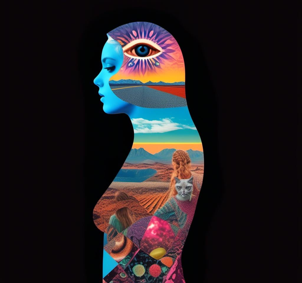 Prompt: A psychedelic collage featuring a photograph of a woman with blond curly long hair. The photo is cut and spliced with other photos - of cats, eyes, body parts, roads, landscapes, trippy optical illusion patterns, pickles, hamburgers, realistic  desert, alien  landscapes, geometric shapes etc in such a way that she has a psychedelic open third eye, in a psychedelic cut and paste collage <mymodel>