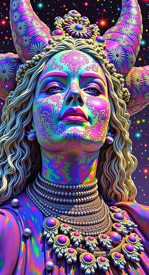 Prompt: Create a super hyperrealistic, finely detailed psychedelic Nouveau illustration of a Cosmic Jester. Feature the word "MERRYPRANXTER" worked organically into the background somehow.  This enchanting character is a merry prankster of the cosmos, an astral jokester dancing through time and space. She exudes a jester vibe, wearing feminine holographic jester attire & makeup with a feminine, harlequin twist. Not human, but humanoid, she is crafted from vibrant colored light, embodying an extra-dimensional extraterrestrial essence. Her presence is a beacon of joy, as she laughs and twirls through the cosmic astral realms, elevating vibes wherever she roams. 

Her beauty is otherworldly, with long, curly hair that shimmers like a cascade of colored light, appearing blonde yet transcending earthly hues. Her eyes sparkle with mischievous wisdom, and her attire is a dazzling array of intricate patterns and swirling colors, reminiscent of both jester garb and celestial phenomena.

Incorporate the text "the merrypranxter" above her in smaller, elegant lettering, seamlessly blending into the cosmic background. This text should capture the essence of her playful spirit, as if it were a whisper from the universe itself. The illustration should radiate her vibrant energy, portraying her as a timeless wanderer spreading joy and wonder throughout the cosmos.