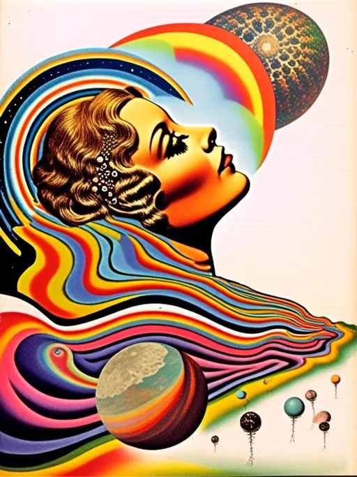 Prompt: A vintage 70s psychedelic collage with the theme “astral vacation”- incorporate themes of astral projection, the astral plane, the silver cord, use an astral brilliantly but sometimes muted opalescent color palette, & combine it all with planets, orbs, optical illusions and psychedelic trippy patterns, color spectrums as a surreal vintage psychedelic collage<mymodel>