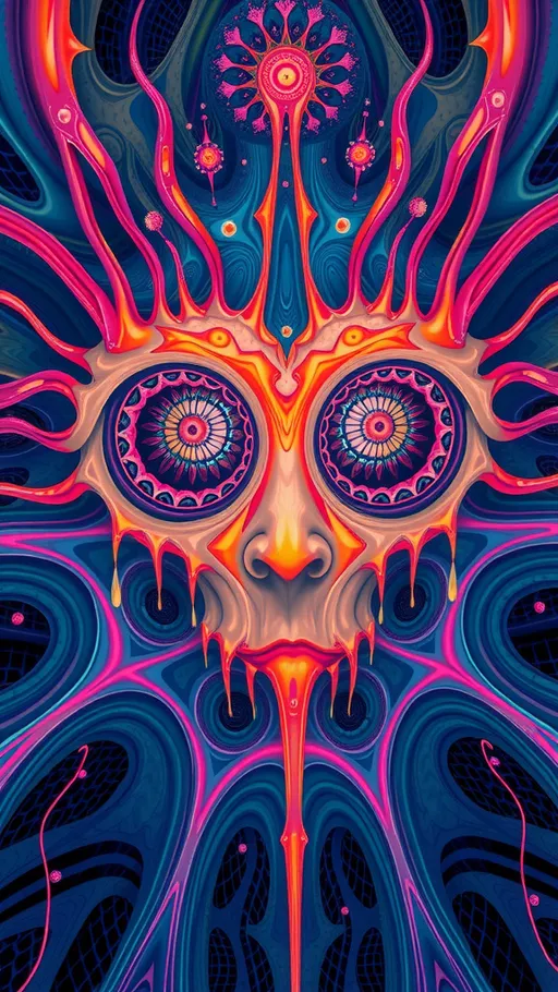 Prompt: Surreal psychedelic non-humanoid creature, beyond human comprehension, entity, trippy, crazy inhuman eyes, multidimensional, fractal, noneuclidien geometries geometric shapes tesseracts, melting, drips, hyper dimensional, drippy, aura, alien, extraterrestrial, extra dimensional,bizarre, ineffable, numinous, counsciousness, strange, unnerving but beautiful, biolocal, mechanical, blobs, atoms, particals, eyes