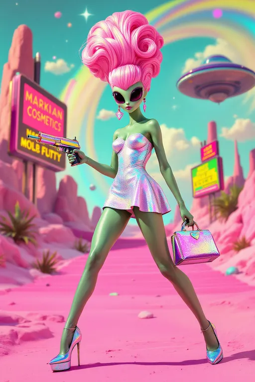 Prompt: A hyper-feminine alien babe on a chrome-pink asteroid runway, posing mid-stride in a gravity-defying 1960s-style minidress made from shimmering holofractal latex, her skin mint-green and glowing. Her towering bouffant wig in bubblegum pink is swirled with holographic rainbow strands, topped with a crystal satellite hairpin. Her oversized almond shaped solid black eyes reflect a candy-colored nebula. One hand holds a smoking raygun with heart-shaped vents, the other grips a holographic purse pulsing with fractal light. Around her, floating billboards advertise Martian cosmetics in 8-bit glitch. Behind her, a vintage UFO with tail fins hovers, and giant black-and-white moiré spirals rotate across the landscape like portals. The sky is saturated teal, layered with pastel starbursts and soft film grain. Everything glows with retro analog glamour, colors popping like technicolor TV tuned to the wrong frequency.

Style: 1960s retrofuturism meets glam-trash space fashion. Medium: analog film look with digital polish. Finish: grainy, glittery, glossy, vivid. Vibe: campy, fabulous, weird as hell.