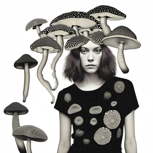 Prompt: a mixed media collage of a girl wearing or growing mushrooms/fungus as clothing body parts and accessories. She is a black and white or halftone photograph, the mushrooms and fungal growths are to be mixed media, including but not limited to paint, enamel, foils, glitter, sparkle, sequins, found objects, natural items, rhinestones etc <mymodel>