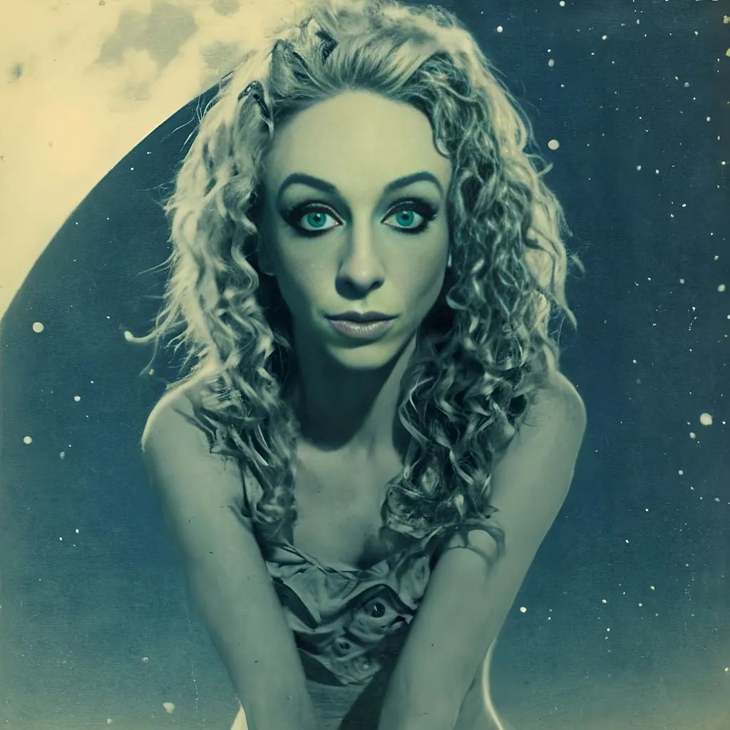 Prompt: Vintage Cyanotype print of a alien girl on the moon, long curly blond hair,  detailed silhouette, vintage artistic style, cool tones, subtle moonlight, high quality, cyanotype print, vintage, detailed silhouette, moon, girl, subtle lighting, cool tones