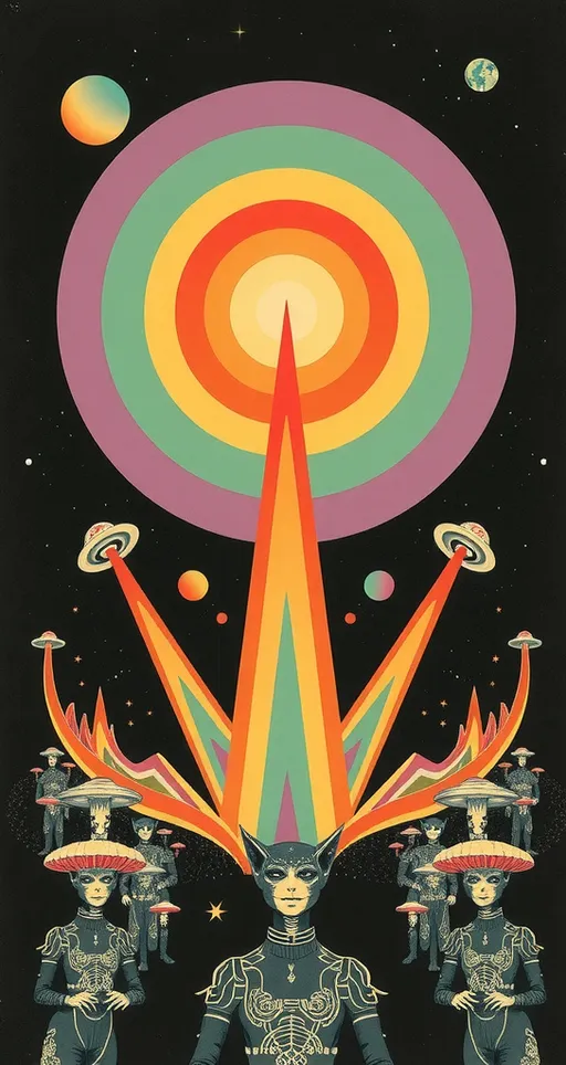 Prompt: <mymodel> Vintage 70s psychedelic surreal sci-fi Collage, analog, cut & paste, outer space, rainbows, spectrum, optical illusions/trippy patterns, surreal alien landscapes, UFOs, « little green men », psilocybin mushrooms, geometric shapes , planets, orbs, black night sky with stars, in the center, cats, 