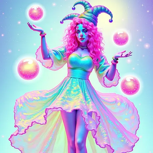 Prompt: A super hyperrealistic yet also illustrative and creative female cosmic jester, made entirely of swirling pure colored light, with long wild curly hair that appears pink but is a dazzling spectrum of hues shimmering beneath the surface. She is adorned in beautiful avant-garde "astral" jester's attire, complete with intricate clown makeup that glimmers like stardust and a definitive jester's hat adorned with miniature galaxies that orbit its tips. Her ensemble includes exquisite accoutrements—ornate cosmic bangles that hum with the resonance of distant quasars and an ethereal cape that flows like liquid auroras. She sparkles, shines, and dazzles in a mesmerizing swirl of ever-changing colors, embodying the essence of cosmic whimsy and wonder. Perched atop an enormous, spinning Möbius strip made of liquid starlight, she juggles glowing quantum orbs that flicker between states of existence, each orb containing a miniature universe that pulses with fractal patterns. The background is a psychedelic tapestry of hyperdimensional geometry, where constellations rearrange themselves into impossible shapes, and stars pulse to the rhythm of an unheard cosmic melody. Fractal tessellations resembling Escher-like infinity loops cascade through the scene, while quantum entanglement trails connect her juggling orbs in a dance of light. Möbius transformations ripple through the liquid starlight, creating endless loops of brilliance, as pulsating nebulas, astral winds swirling with cosmic dust, and shimmering auroras flow like liquid silk across the infinite expanse.