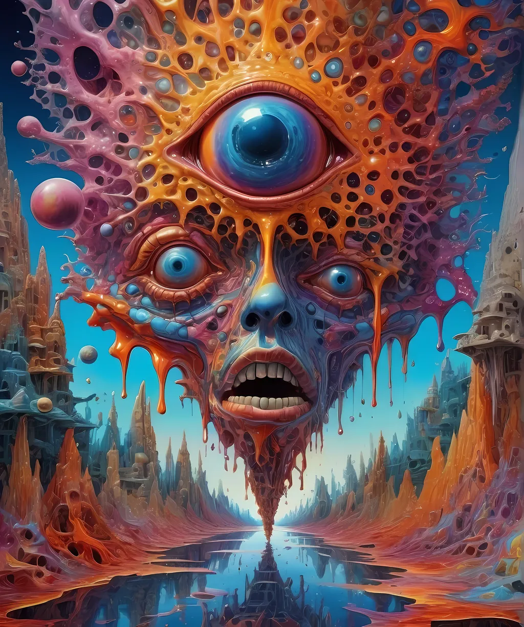 Prompt: Extreme psychedelic hyperrealism- Super high definition ultra textural Weird surreal depiction of ego death, melting into fractals, multidimensional geometric shapes, surrealism, detailed, highres, intense colors, eerie lighting, bizarre features, unsettling atmosphere, otherworldly, distorted proportions, mind-bending, dreamlike, abstract,, trippy psychedelic ultra detailed textures