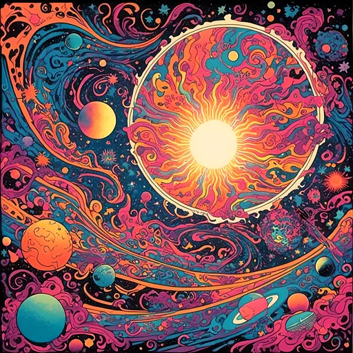 Prompt: <mymodel>Psychedelic illustration of the creation of the universe, stars and planets forming, vibrant colors, swirling nebulas, galaxies coming into existence, high-quality, surreal, cosmic, vibrant colors, swirling patterns, detailed celestial bodies, psychedelic lighting